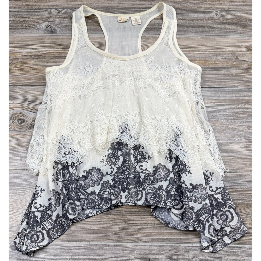 VTG Mudd Womens M Cream Black Lace Overlay Floral Print Tank Top Flowy Racerback